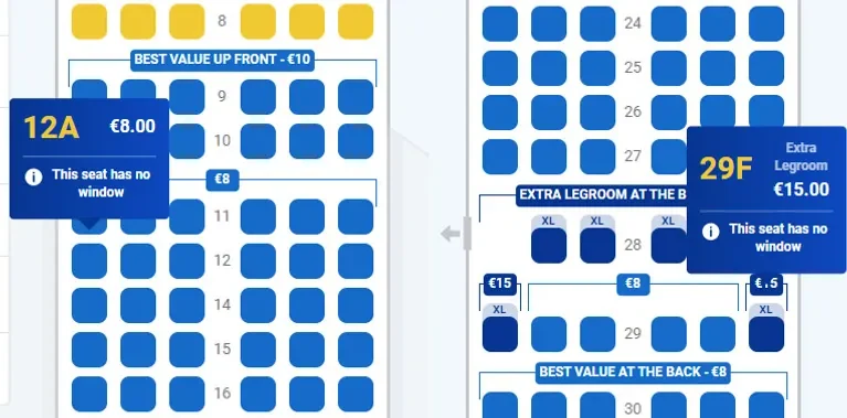 Ryanair lėktuvų vietos be langų