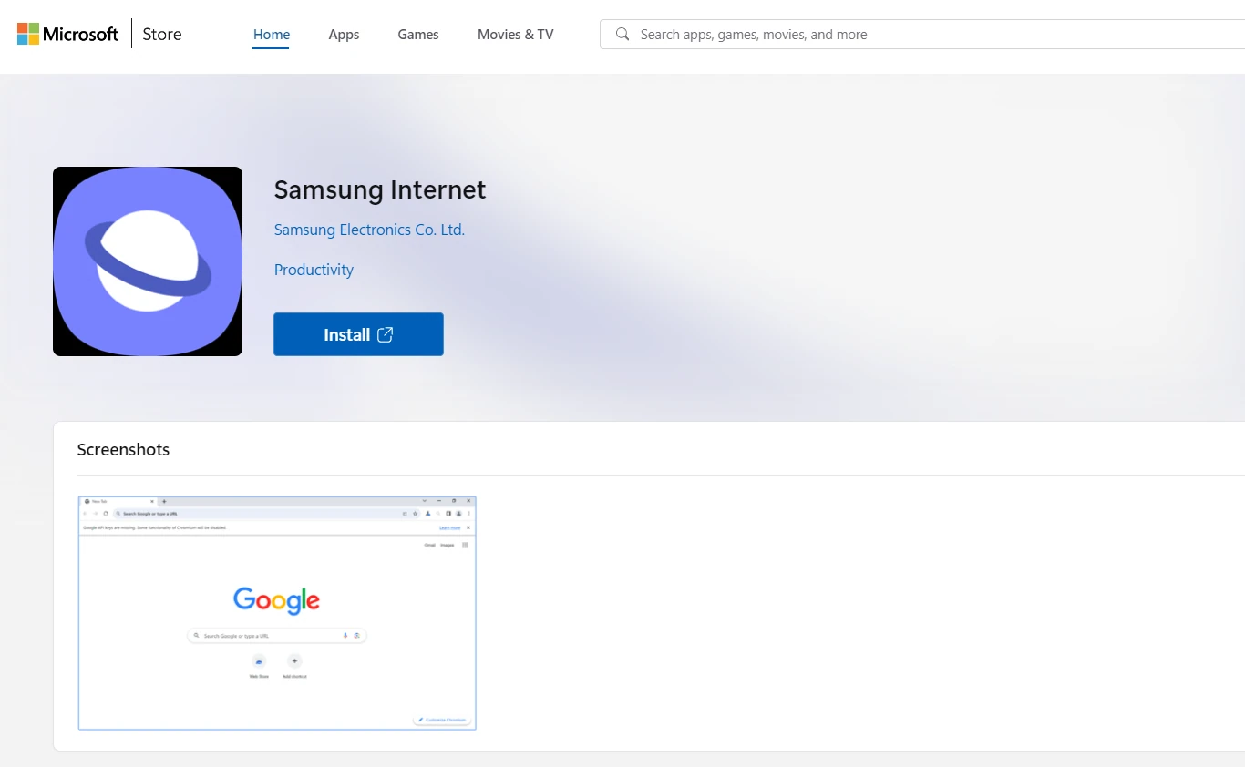 Samsung naršyklė Windows sistemai