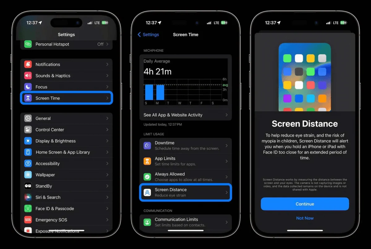 Screen Distance iPhone iOS17 įjungimas