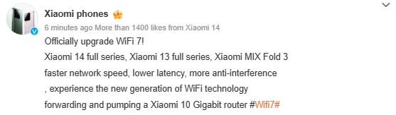 Xiaomi pranešimas apie Wi-Fi 7 atnaujinimą