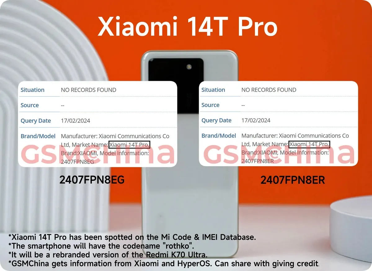 IMEI duomenų bazėje pasirodė Xiaomi 14T Pro