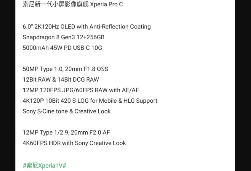 „Sony Xperia Pro-C“ specifikacijos