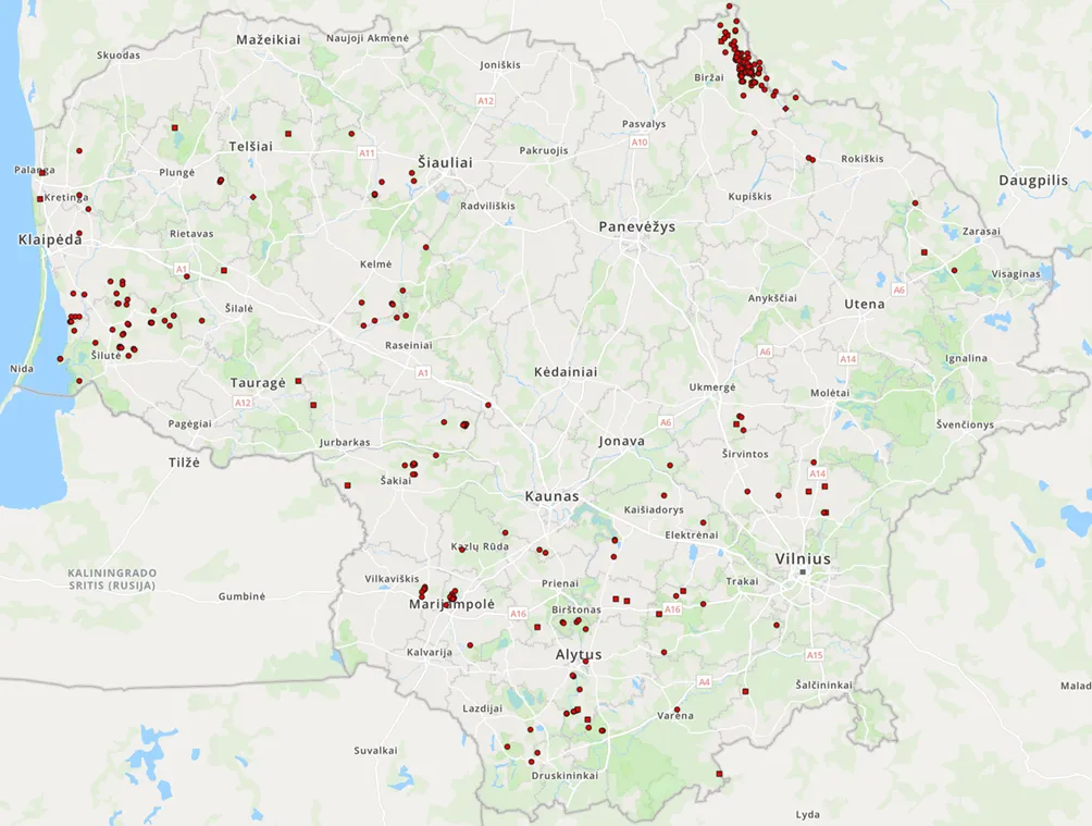 2024 m. AKM Lietuvoje nustatytas 542 šernams, 36 savivaldybėse.