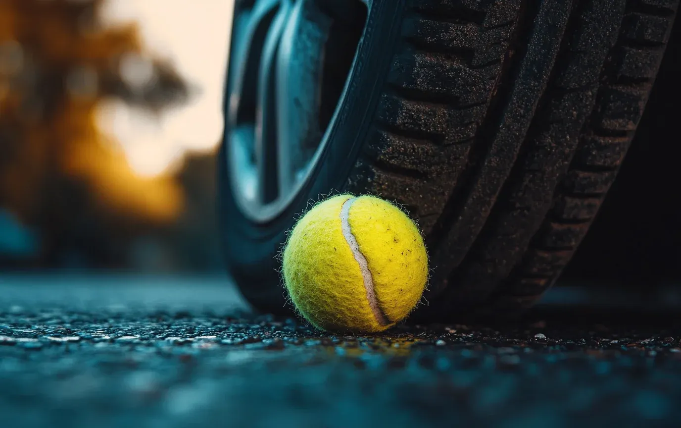 Teniso kamuoliukas po automobilio ratu