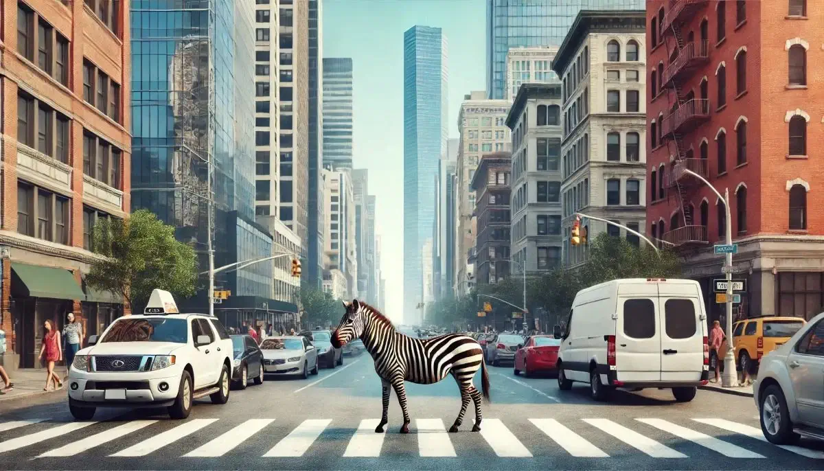 Zebras mieste ant kelio / DI sugeneruota nuotrauka
