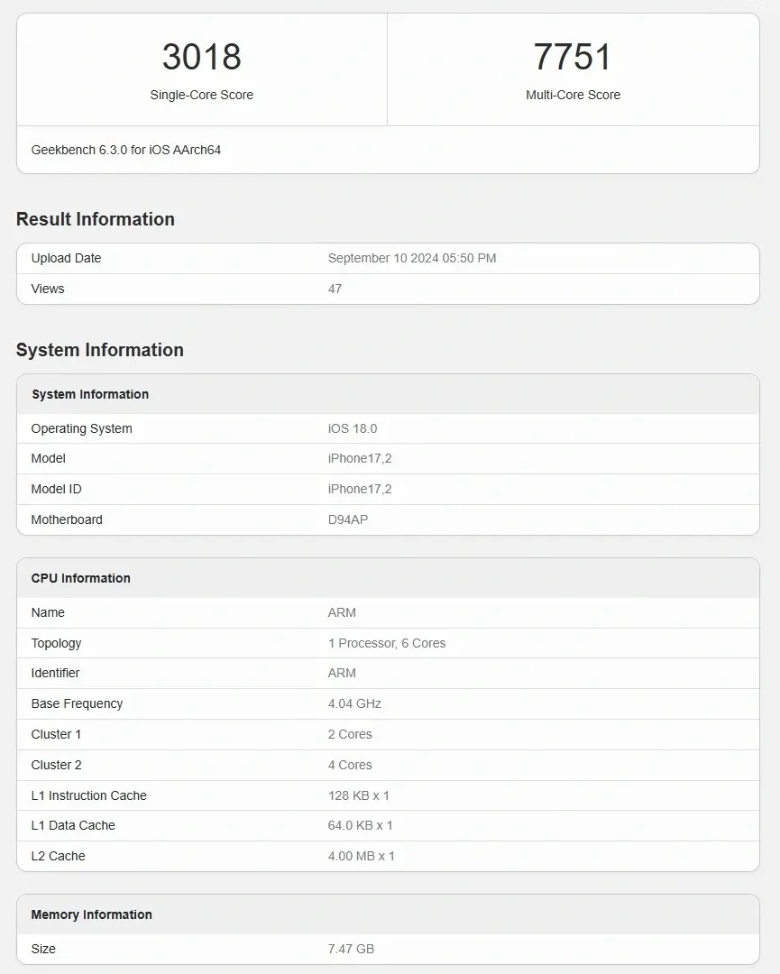 iPhone 16 Geekbench