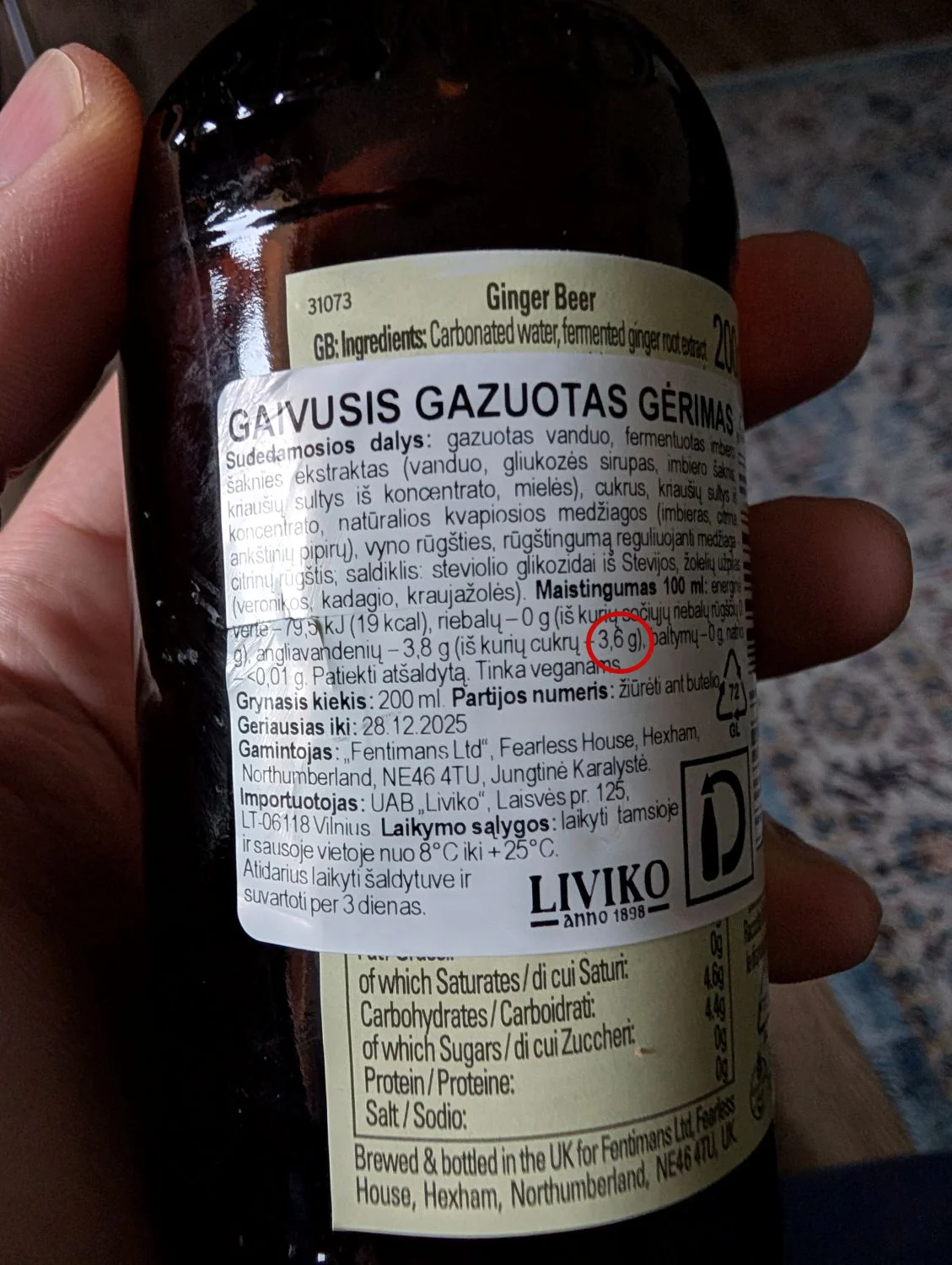 Cukraus kiekis Ginger Beer Fentimans, 200 ml. / Kaipkada.lt nuotr.