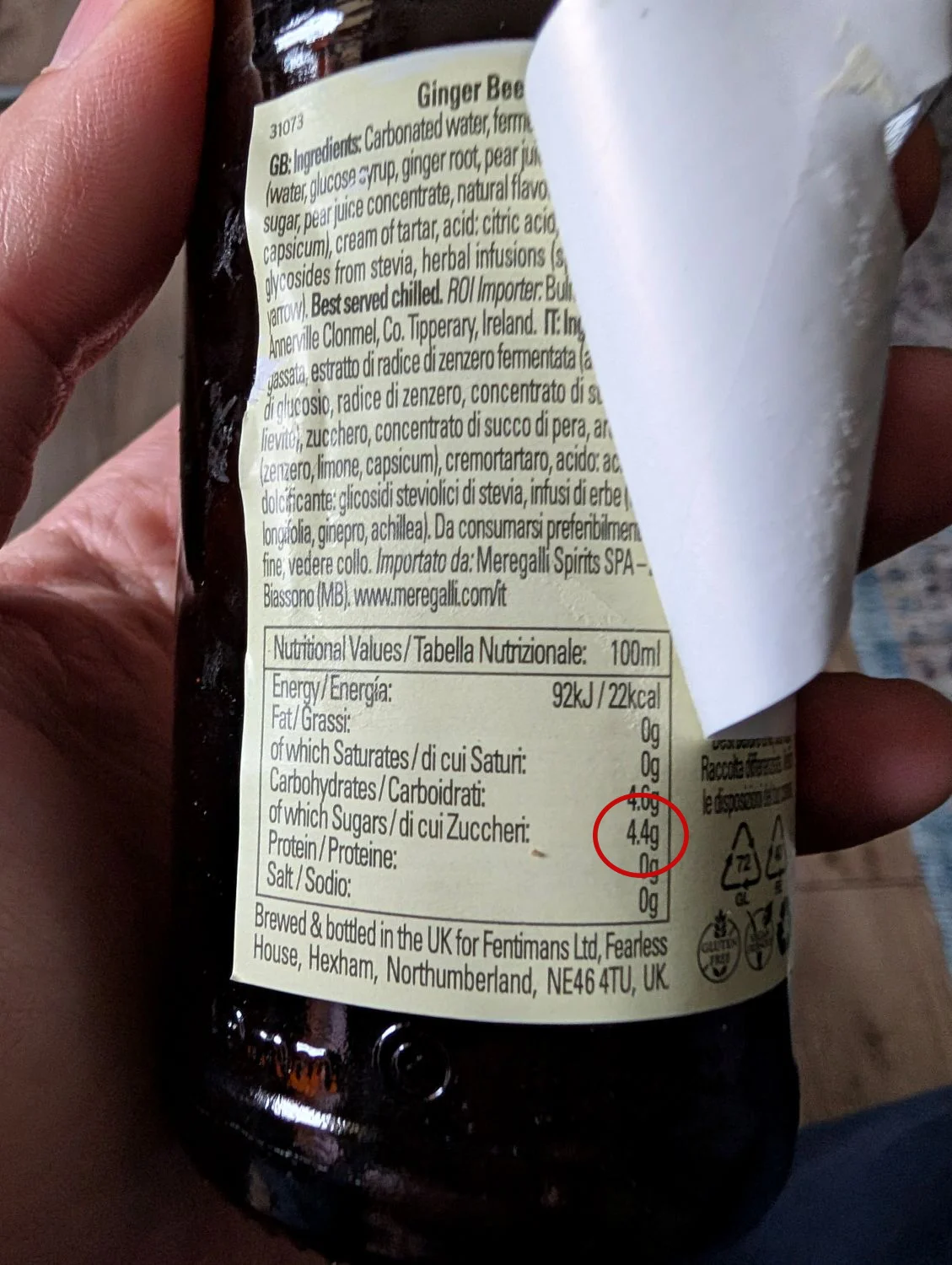 Tikrasis cukraus kiekis Ginger Beer Fentimans, 200 ml. / Kaipkada.lt nuotr.