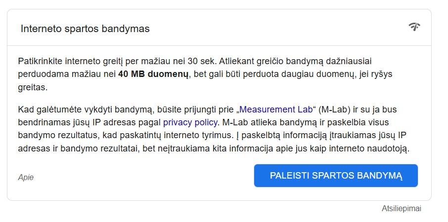 Google interneto spartos bandymas