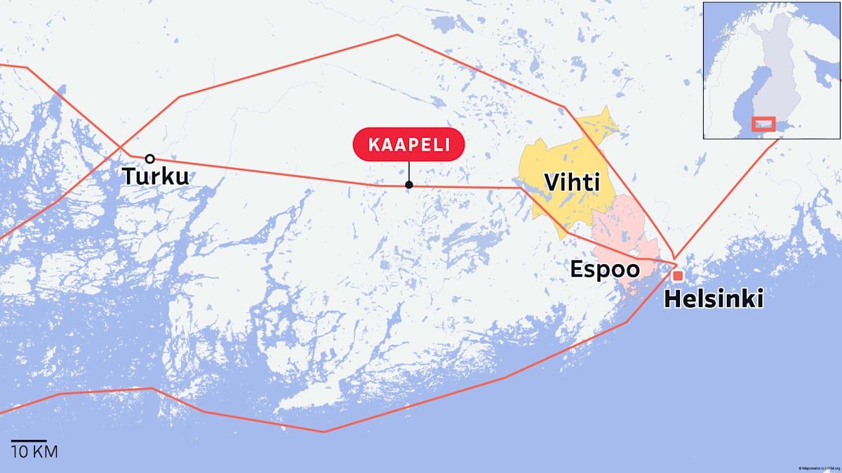 Kabelis buvo pažeistas dviejose skirtingose vietose tarp Espoo ir Vihti. Vaizdas: Laura Merikalla / Yle, Mapcreator, OpenStreetMap, GlobalConnect