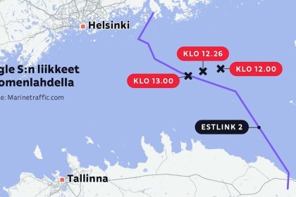 Žemėlapis, kur nutrauktas ESTLINK 2 kabelis