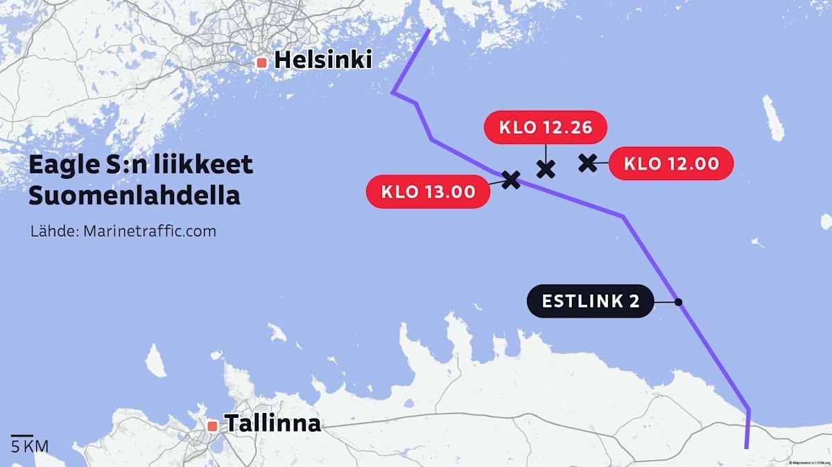 Žemėlapis, kur nutrauktas ESTLINK 2 kabelis