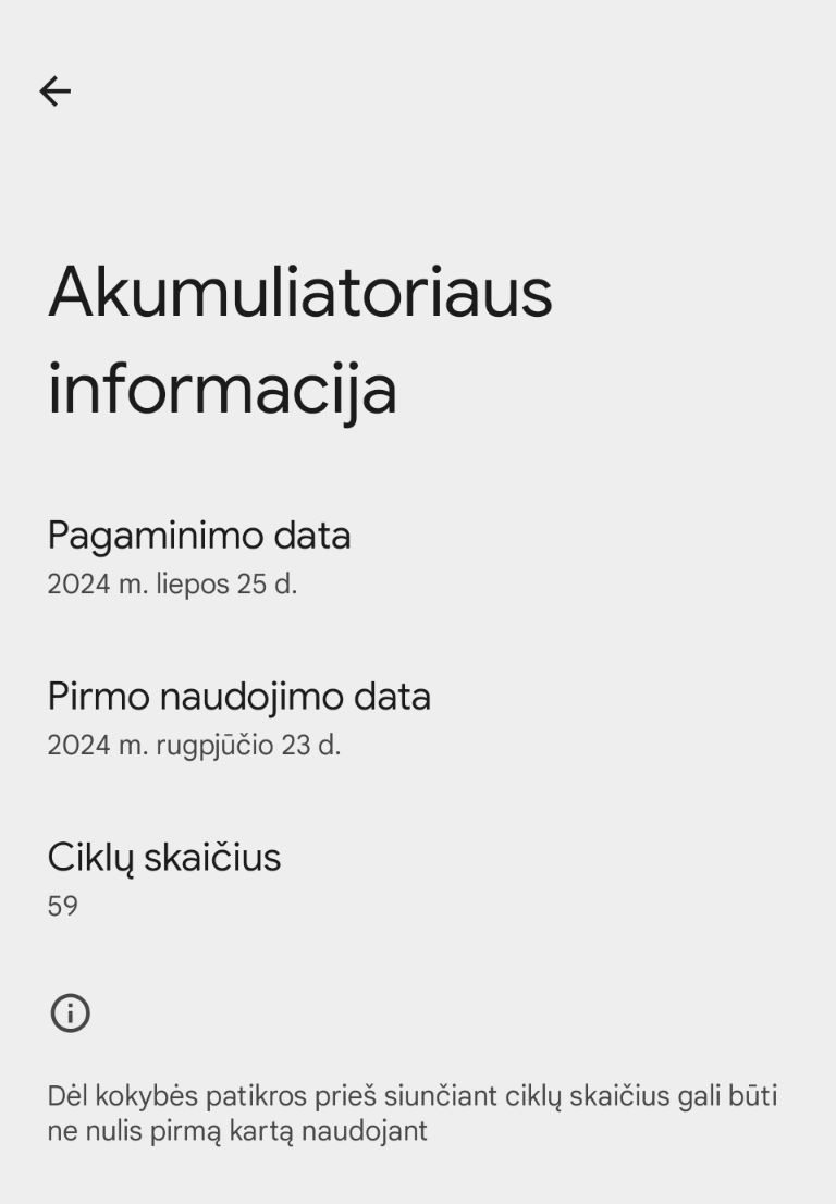 Akumuliatoriaus informacija Pixel 9 Pro