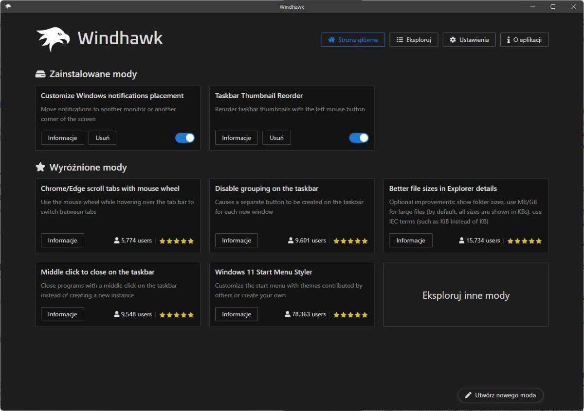 Windhawk modifikacijos