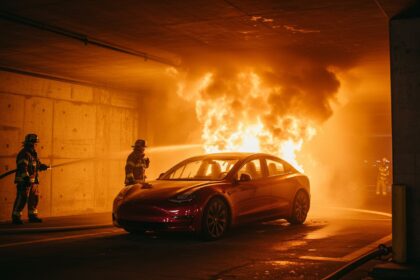 Degantis Tesla elektromobilis / Google Imagen 3 nuotr.