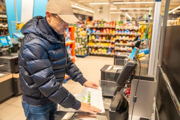 Plastikiniai maišeliai prie kasos