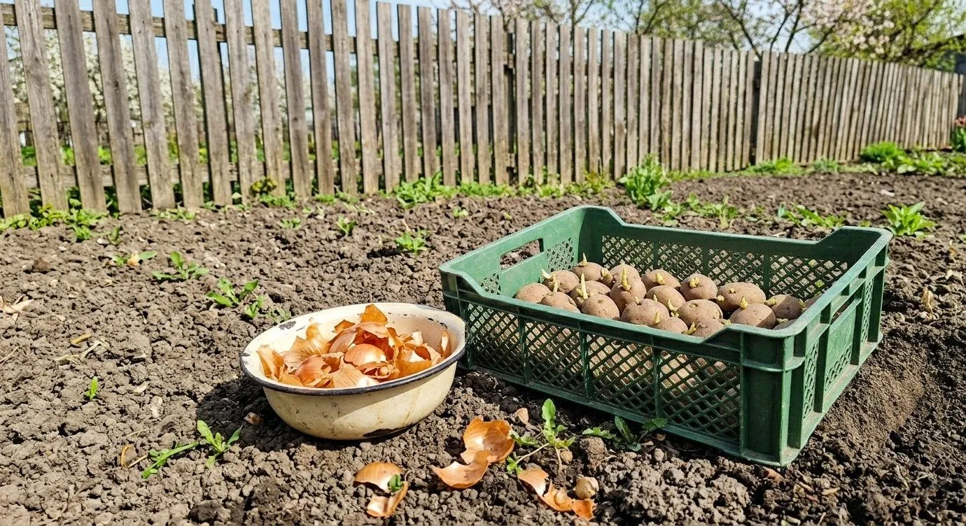 Bulvių sodinimas ir svogūnų lukštai