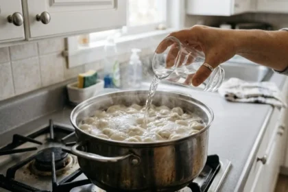 Stiklinė vandens verdant koldūnus