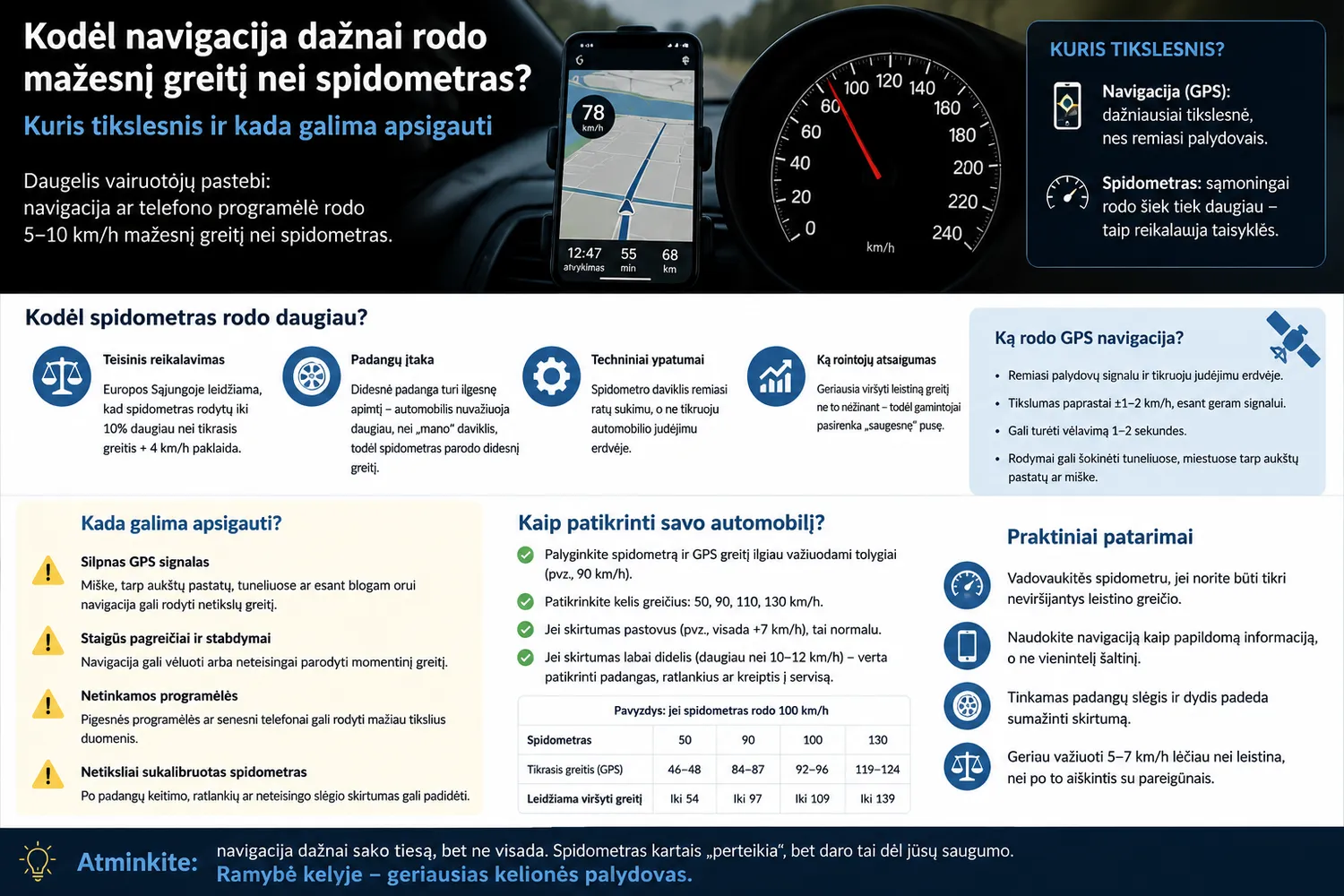 Kodėl navigacija dažnai rodo mažesnį greitį nei spidometras?