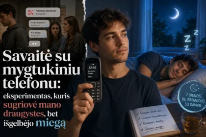 Mygtukinis telefonas rankose