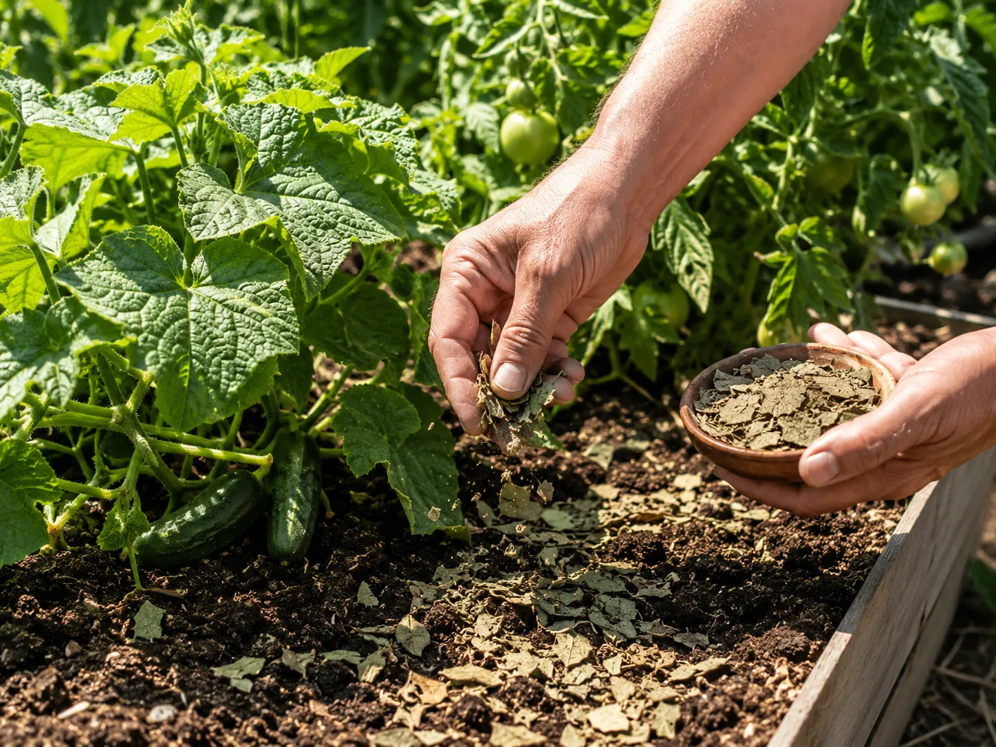 Susmulkintus lauro lapus galima saikingai paberti tarp augalų