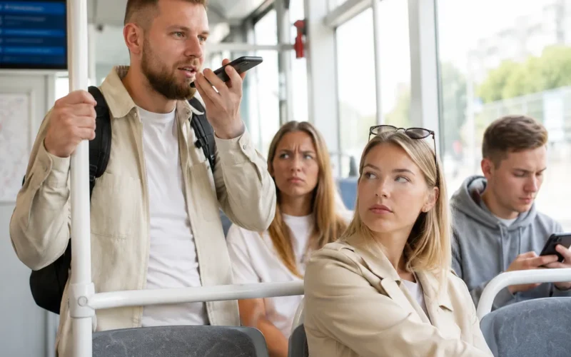 Žmonės kalba telefonu įsijungę garsiakalbį