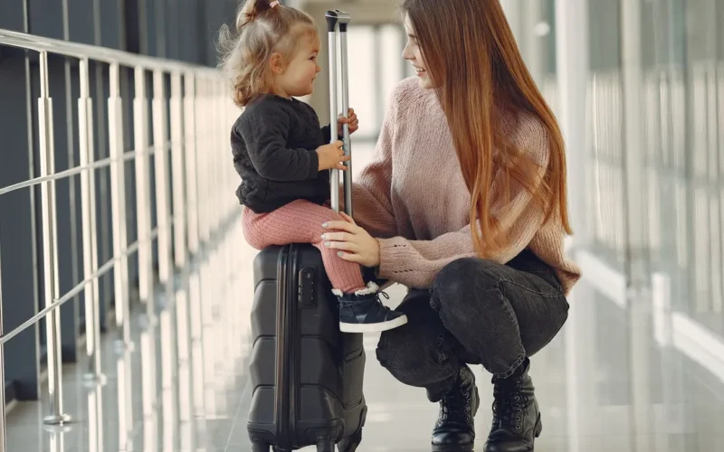 Mama ir dukra su lagaminu šiuolaikiniame oro uosto terminale.