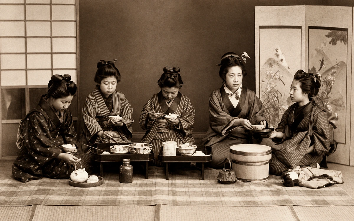 Japonai sėdi ant grindų