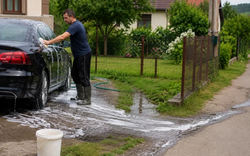 Kaimiņš mazgā automašīnu savā pagalmā, bet netīrais ūdens aizplūst pa zemi: vai par to var draudēt naudas sods?