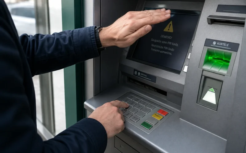 Žmonės pridengia PIN kodo įvedimą