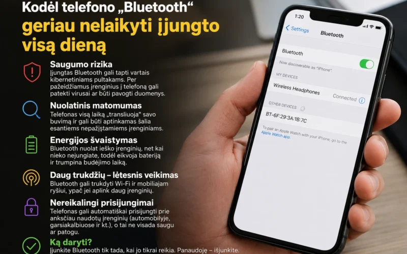 Kodėl telefono „Bluetooth“ geriau nelaikyti įjungto visą dieną