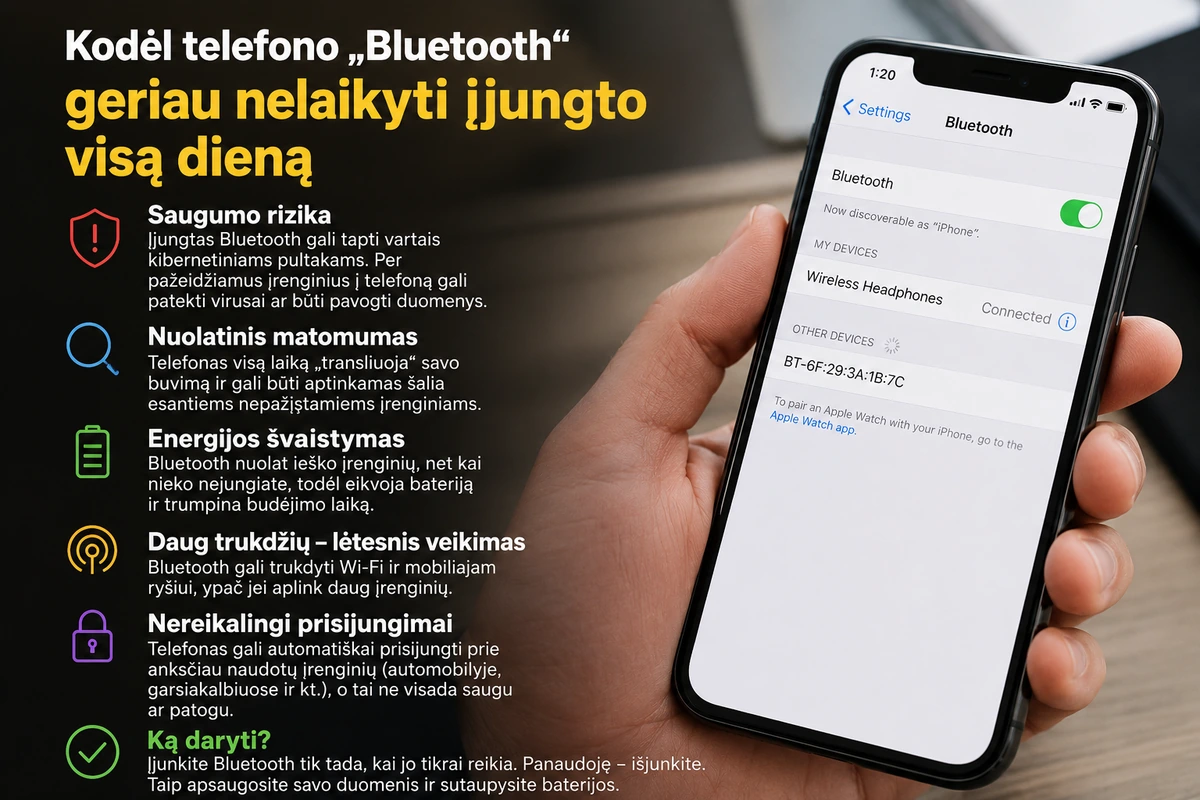 Kodėl telefono „Bluetooth“ geriau nelaikyti įjungto visą dieną