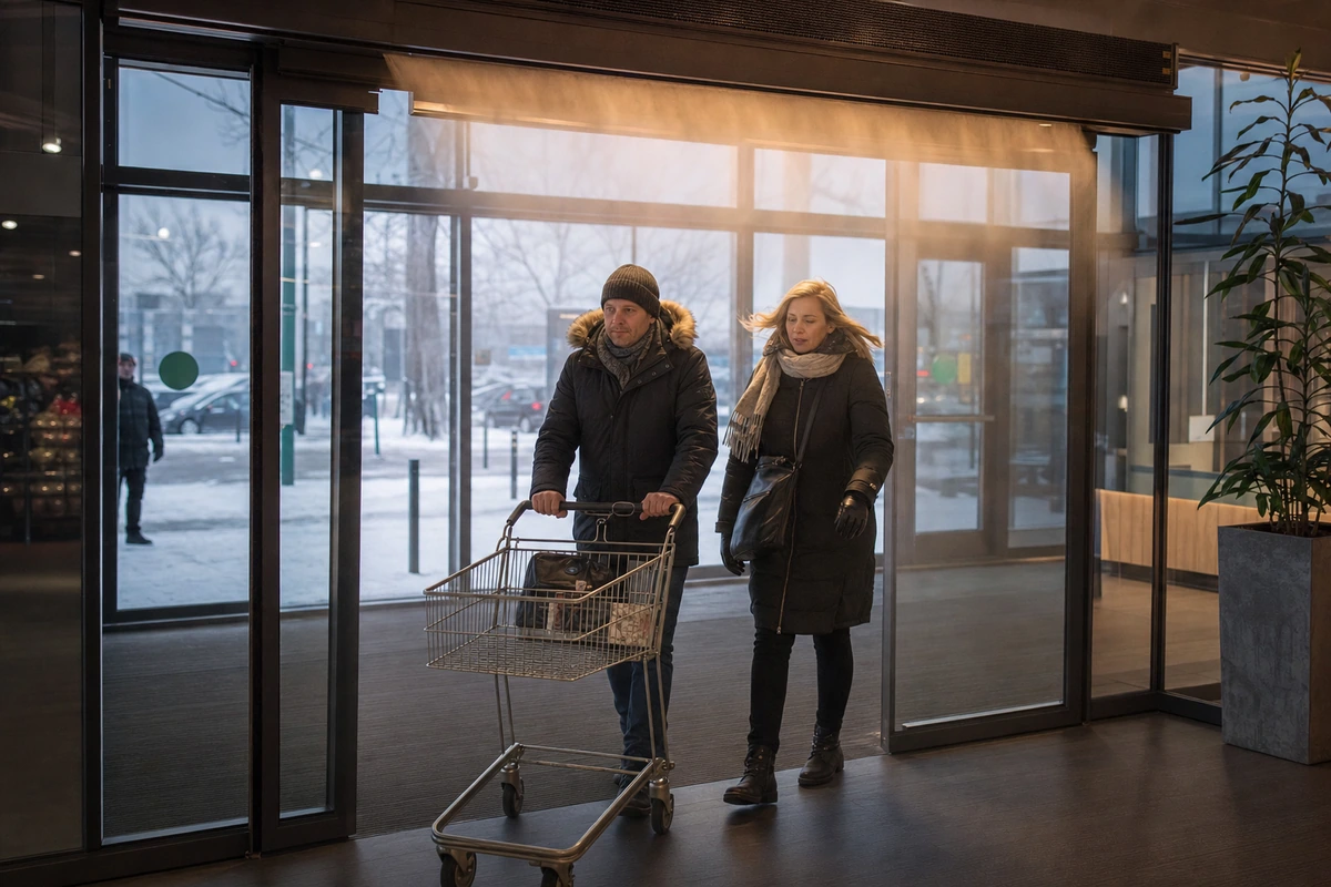 Kodėl prekybos centrų įėjimuose dažnai pučia stipri oro srovė: ji skirta ne vien lankytojų komfortui