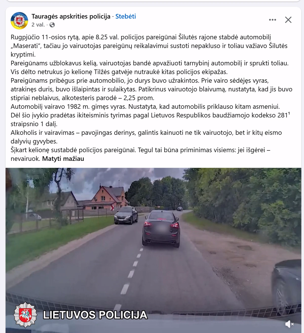 Sustabdytas girtas vairuotojas