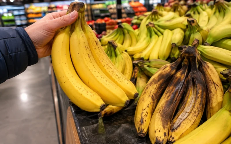 Didelės tamsios ir minkštos dėmės ant bananų