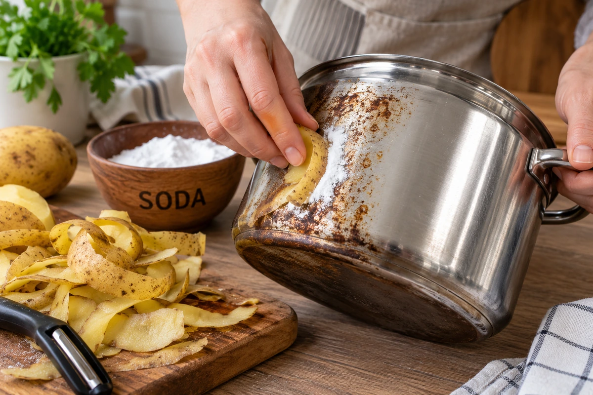 Bulvių lupenos su soda - stiprus pagalbininkas virtuvėje