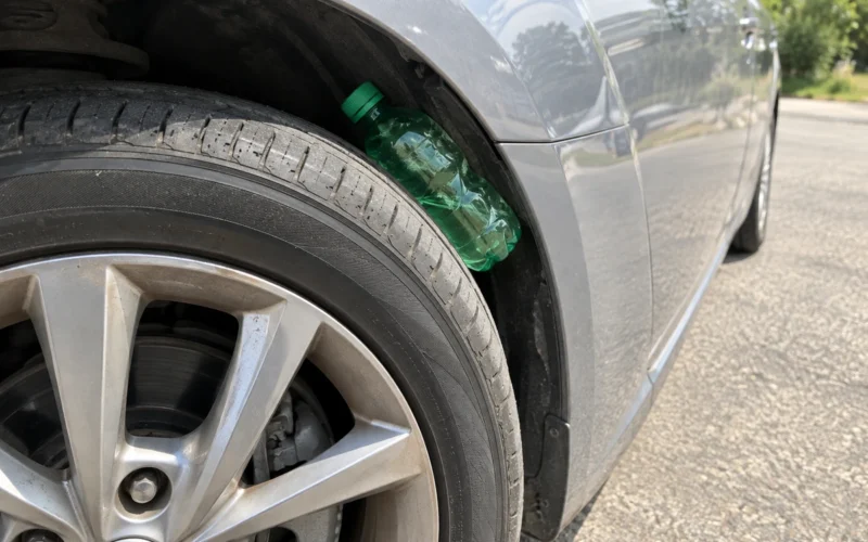 Butelis įspraustas tarp padangos ir kėbulo