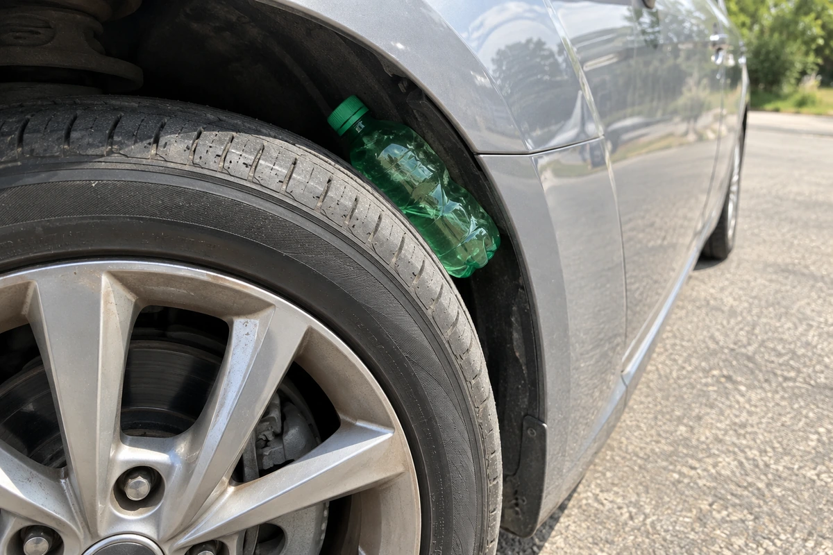 Butelis įspraustas tarp padangos ir kėbulo