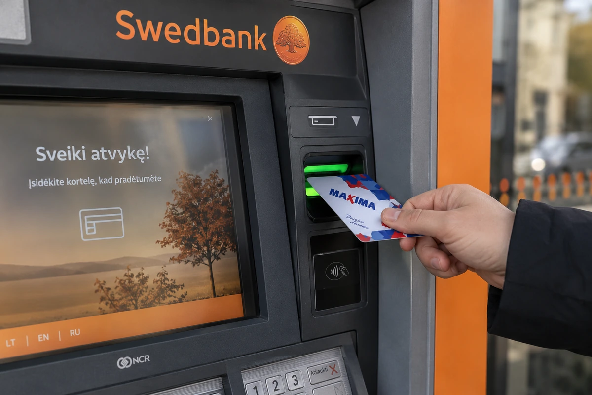 Maxima kortelė dedama į bankomatą