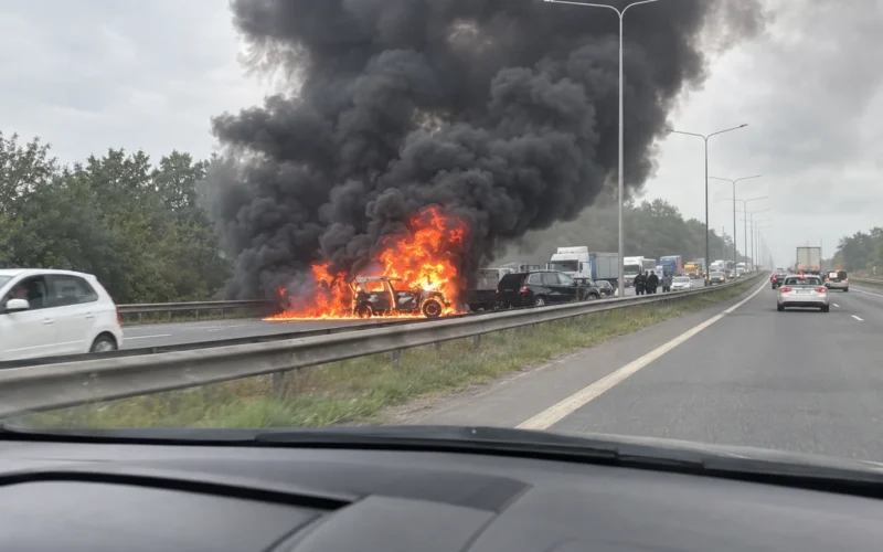 Uz A1 ceļa pirms Kauņas – nopietna avārija: pēc sadursmes aizdegās automašīna, abās pusēs izveidojās sastrēgumi