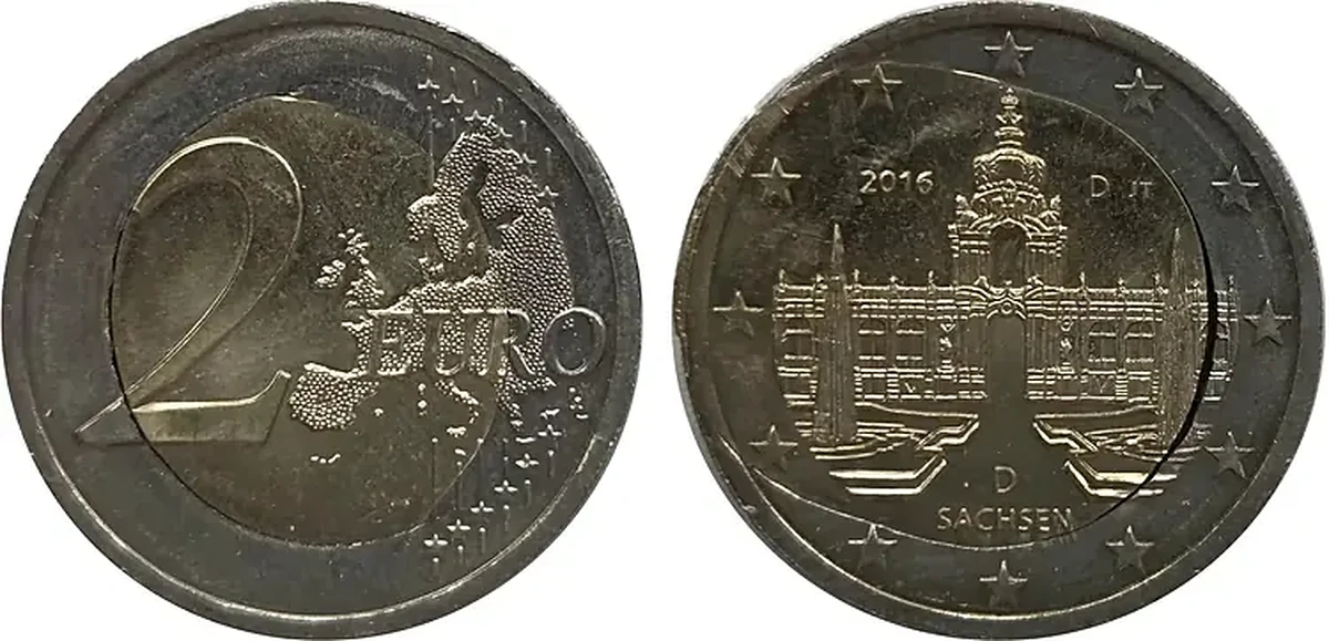 Vokietijos 2 eurų monetos vadinamasis „kepto kiaušinio“ įspaudas: metalas iš vidinės dalies nutekėjęs į išorinį žiedą