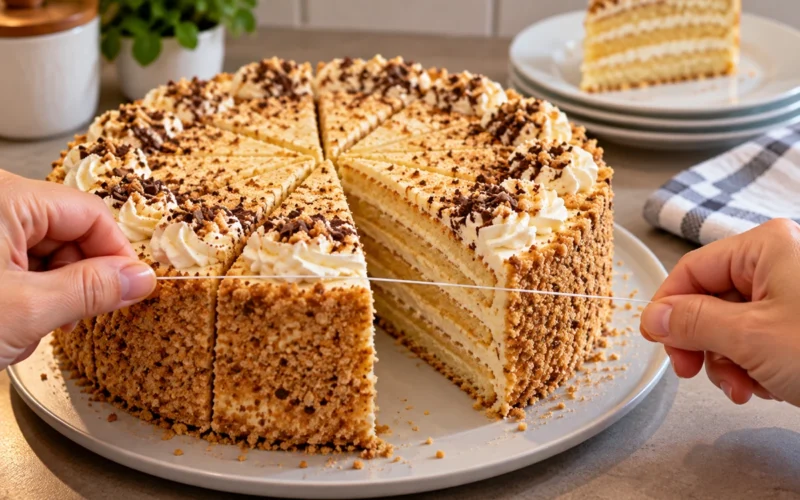 Tortas arba pyragas pjaustomas dantų siūlu