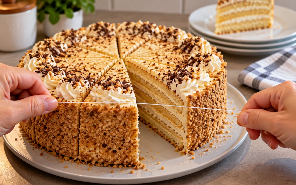 Tortas arba pyragas pjaustomas dantų siūlu