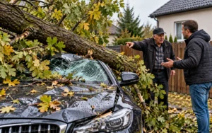 Užvirtęs medis ant kaimyno automobilio
