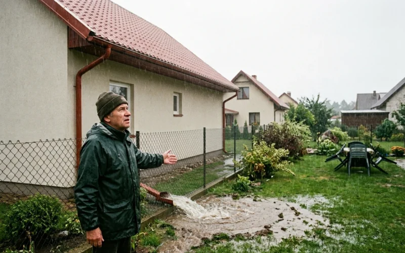 Kaimynas visą lietaus vandenį nuo stogo nukreipė į mano sklypą