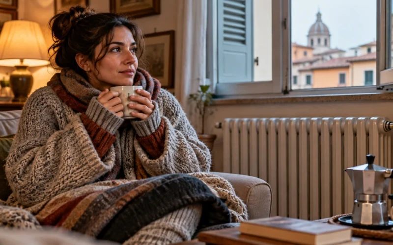 Italijoje žmonės namuose sėdi su trimis megztiniais