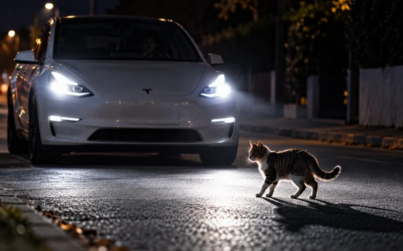 Katės vaikšto per gatvę naktį