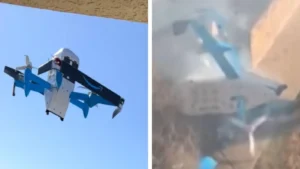 „Amazon“ pristatymo dronas turėjo atrodyti kaip kairėje, o ne dešinėje: sunaikintas po avarijos. © „TikTok“ / CNN / „Instagram“ ekrano kopija