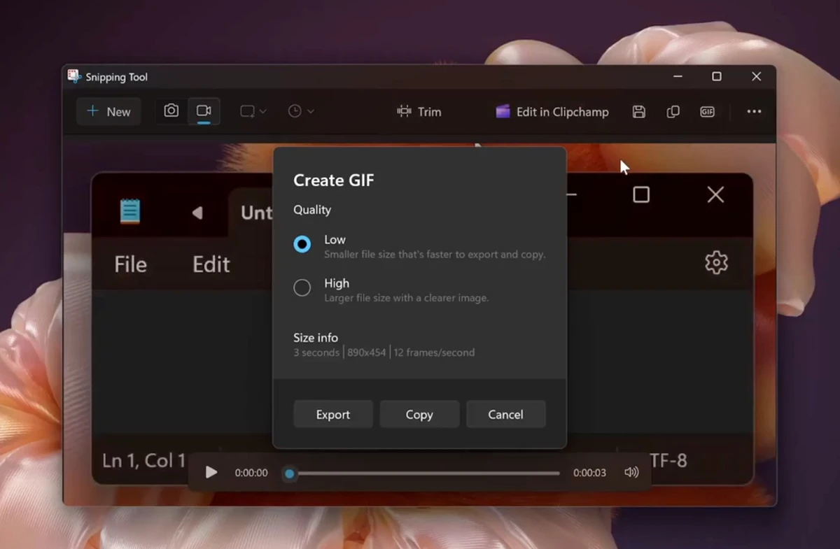 Animacija iš Snipping Tool Windows 11