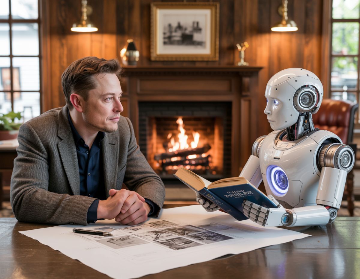Elonas Muskas su robotu / Freepik AI